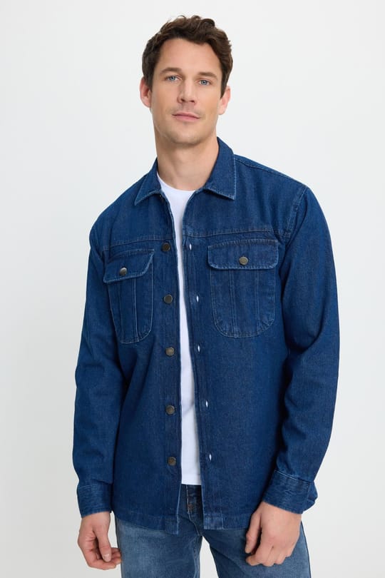 Unisex Relax Fit Rahat Kesim Denim Kot Kapaklı Çift Cepli Overshirt Ceket Tarzı Gömlek