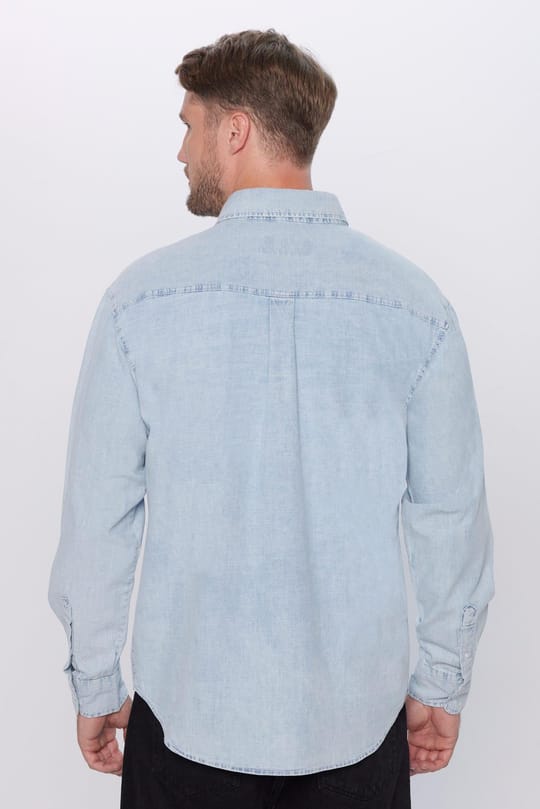 Erkek Relax Fit Rahat Kesim %100 Pamuk Denim Kot Mavi Düğmeli Yaka Gömlek