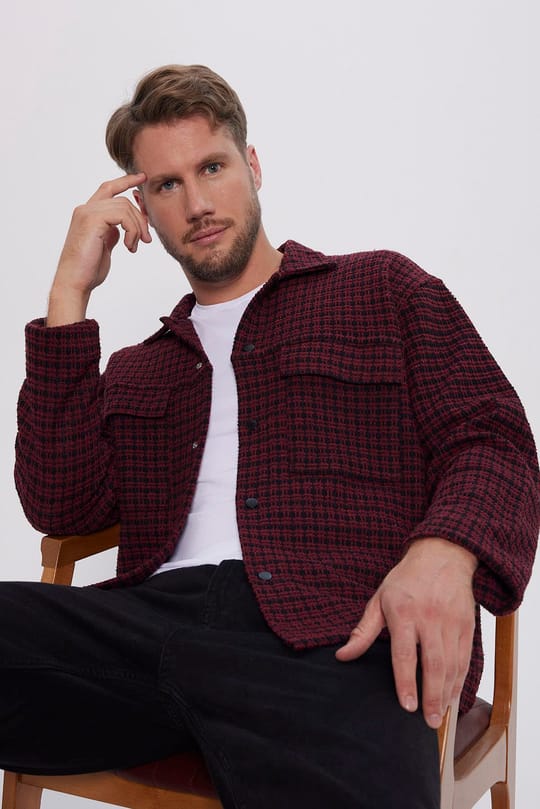 Erkek Relax Fit Rahat Kesim Çift Cepli Armürlü Örme Uzun Kollu Apaş Yaka Gömlek