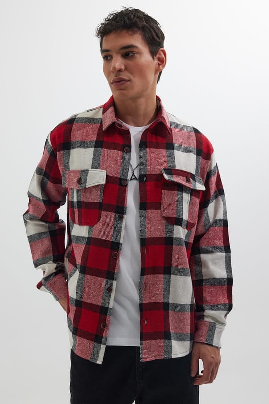 Erkek Relax Fit Rahat Kesim Oduncu Çift Cep Düğmeli Kareli Kışlık Gömlek