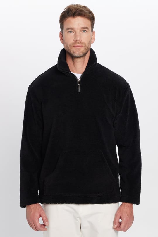 Unisex Relax Fit Rahat Kesim Yarım Fermuarlı Kanguru Cepli Siyah Dik Yaka Peluş Sweatshirt