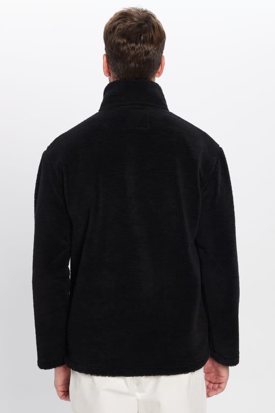 Unisex Relax Fit Rahat Kesim Yarım Fermuarlı Kanguru Cepli Siyah Dik Yaka Peluş Sweatshirt