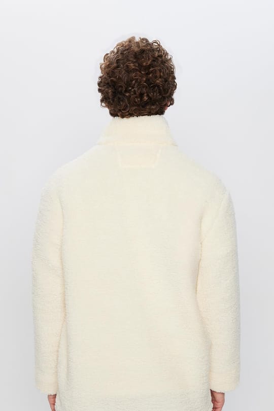 Unisex Relax Fit Rahat Kesim Yarım Fermuarlı Kanguru Cepli Ekru Dik Yaka Peluş Sweatshirt