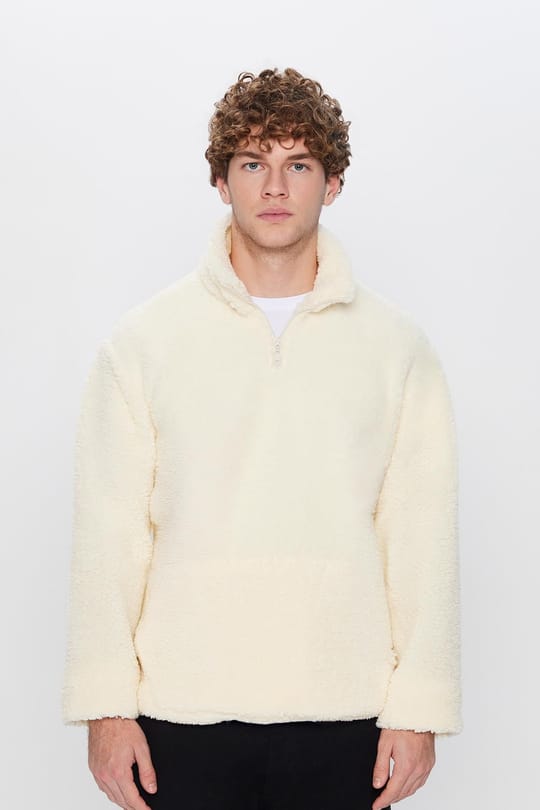 Unisex Relax Fit Rahat Kesim Yarım Fermuarlı Kanguru Cepli Ekru Dik Yaka Peluş Sweatshirt