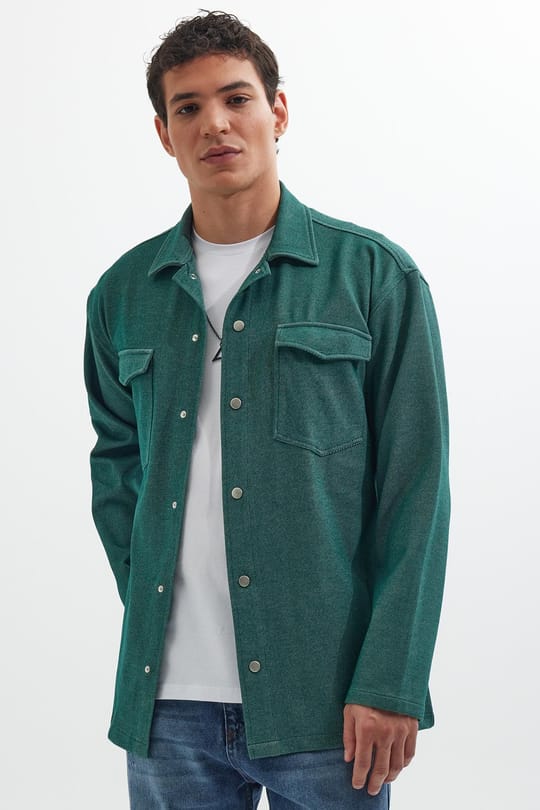Erkek Relax Fit Rahat Kesim Çift Cepli Örme Yeşil Apaş Yaka Gömlek