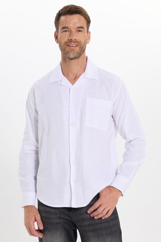 Erkek Relax Fit Rahat Kesim Oversize %100 Pamuk Keten Doku Apaş Yaka Beyaz Gömlek