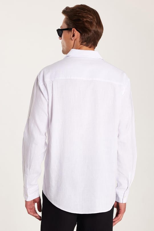 Erkek Relax Fit Rahat Kesim Oversize %100 Pamuk Keten Doku Apaş Yaka Beyaz Gömlek