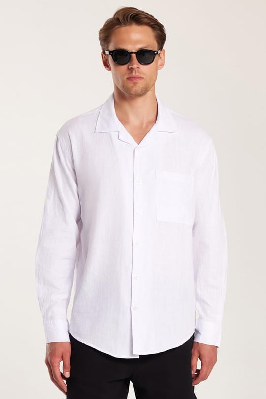 Erkek Relax Fit Rahat Kesim Oversize %100 Pamuk Keten Doku Apaş Yaka Beyaz Gömlek