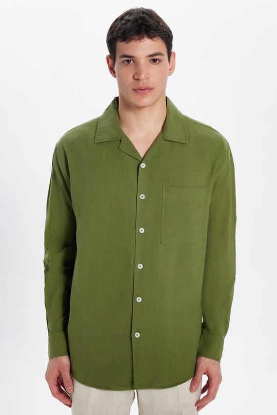 Erkek Relax Fit Rahat Kesim Oversize %100 Pamuk Keten Doku Apaş Yaka Haki Gömlek