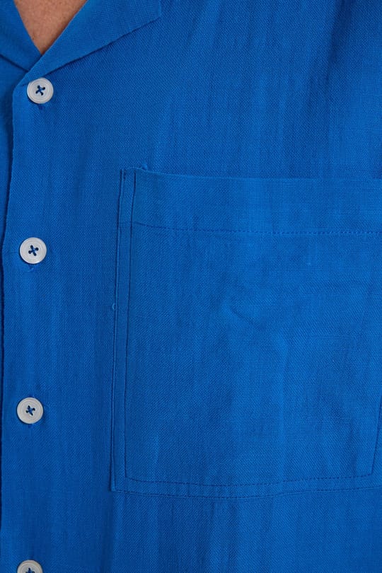 Erkek Relax Fit Rahat Kesim Oversize %100 Pamuk Keten Doku Apaş Yaka Saks Mavi Gömlek
