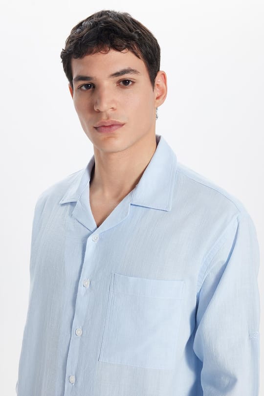 Erkek Relax Fit Rahat Kesim Oversize %100 Pamuk Keten Doku Apaş Yaka Mavi Gömlek