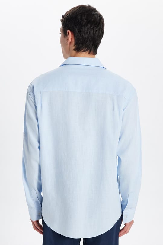 Erkek Relax Fit Rahat Kesim Oversize %100 Pamuk Keten Doku Apaş Yaka Mavi Gömlek