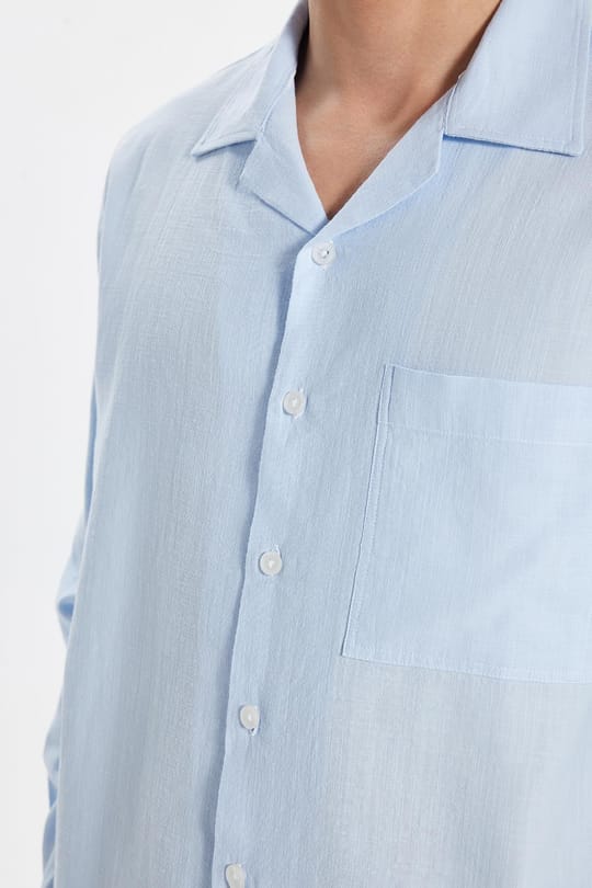Erkek Relax Fit Rahat Kesim Oversize %100 Pamuk Keten Doku Apaş Yaka Mavi Gömlek