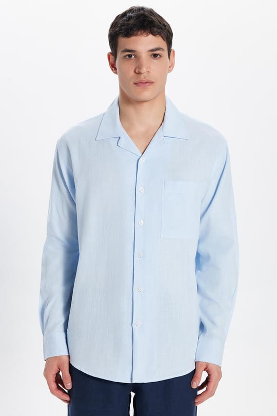 Erkek Relax Fit Rahat Kesim Oversize %100 Pamuk Keten Doku Apaş Yaka Mavi Gömlek