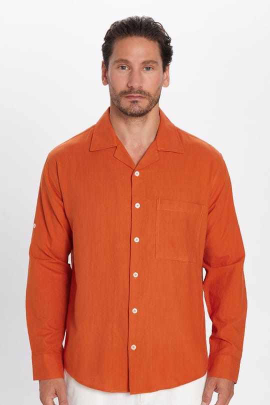 Erkek Relax Fit Rahat Kesim Oversize %100 Pamuk Keten Doku Apaş Yaka Kiremit Gömlek