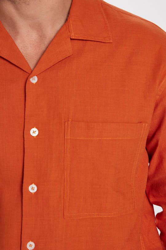 Erkek Relax Fit Rahat Kesim Oversize %100 Pamuk Keten Doku Apaş Yaka Kiremit Gömlek