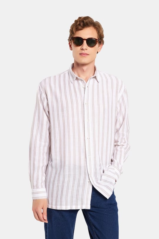 Relax Fit Oversize Dökümlü Rahat Kesim Çizgili Keten Spor Erkek Gömlek