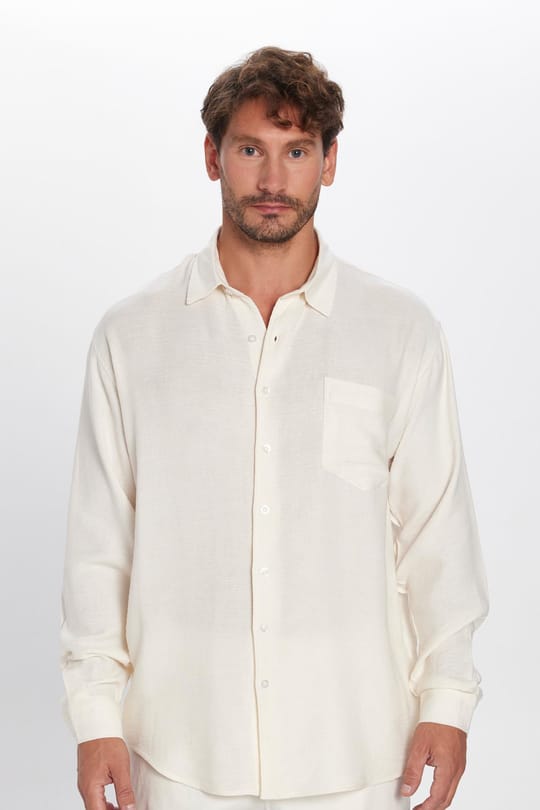 Erkek Relax Fit Rahat Kesim Oversize Müslin Viskon Pamuklu Tek Cepli Düz Ekru Gömlek