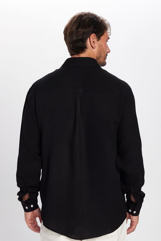 Erkek Relax Fit Rahat Kesim Oversize Müslin Viskon Pamuklu Tek Cepli Düz Siyah Gömlek