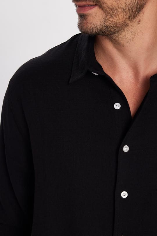 Erkek Relax Fit Rahat Kesim Oversize Müslin Viskon Pamuklu Tek Cepli Düz Siyah Gömlek