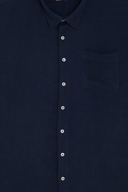 Erkek Relax Fit Rahat Kesim Oversize Müslin Viskon Pamuklu Tek Cepli Düz Lacivert Gömlek