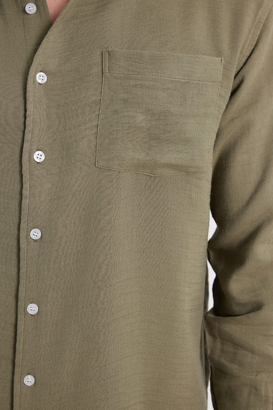 Erkek Relax Fit Rahat Kesim Oversize Müslin Viskon Pamuklu Tek Cepli Düz Haki Gömlek