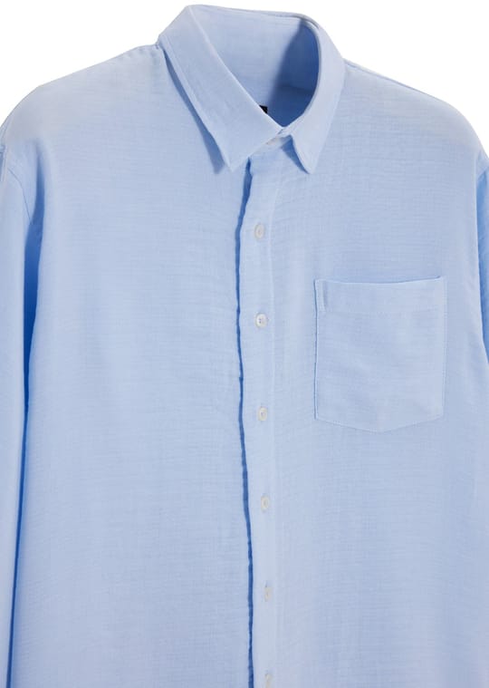 Erkek Relax Fit Rahat Kesim Oversize Müslin Viskon Pamuklu Tek Cepli Düz Mavi Gömlek