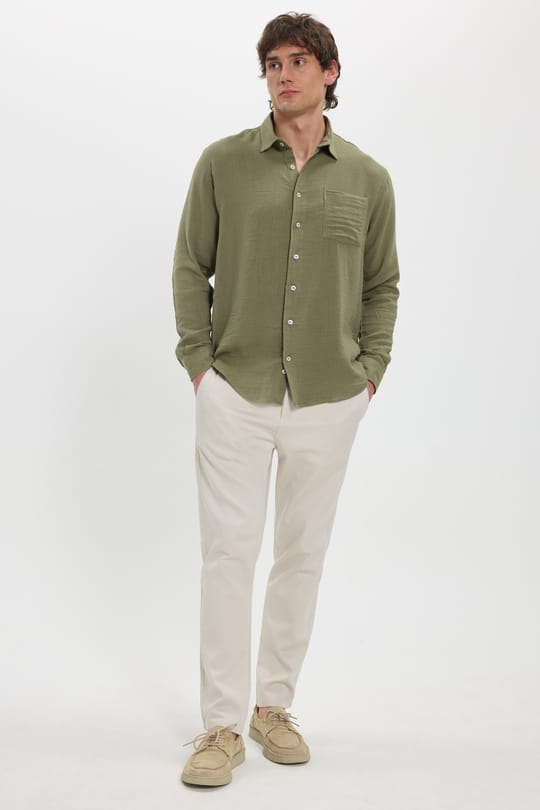 Erkek Relax Fit Rahat Kesim Oversize Müslin Viskon Pamuklu Tek Cepli Düz Haki Gömlek