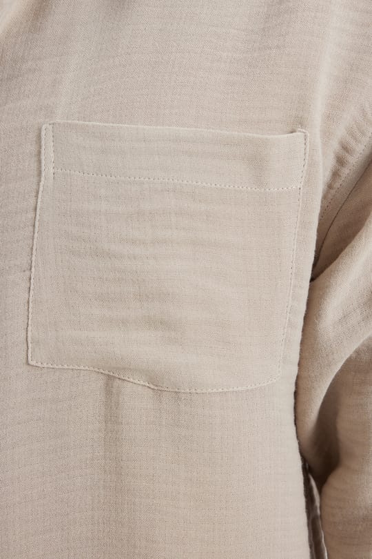 Erkek Relax Fit Rahat Kesim Oversize Müslin Viskon Pamuklu Tek Cepli Düz Bej Gömlek