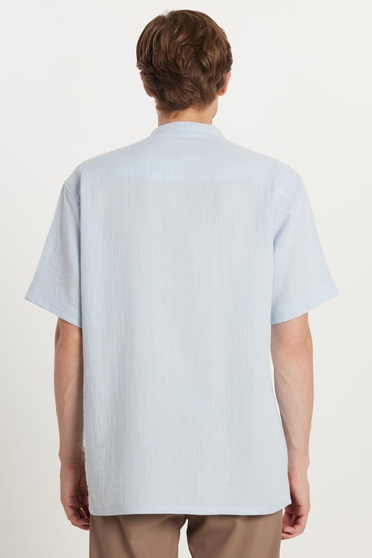 Erkek Relax Fit Rahat Kesim Oversize %100 Pamuk Müslin Kumaş Kısa Kollu Spor Hakim Yaka Mavi Gömlek