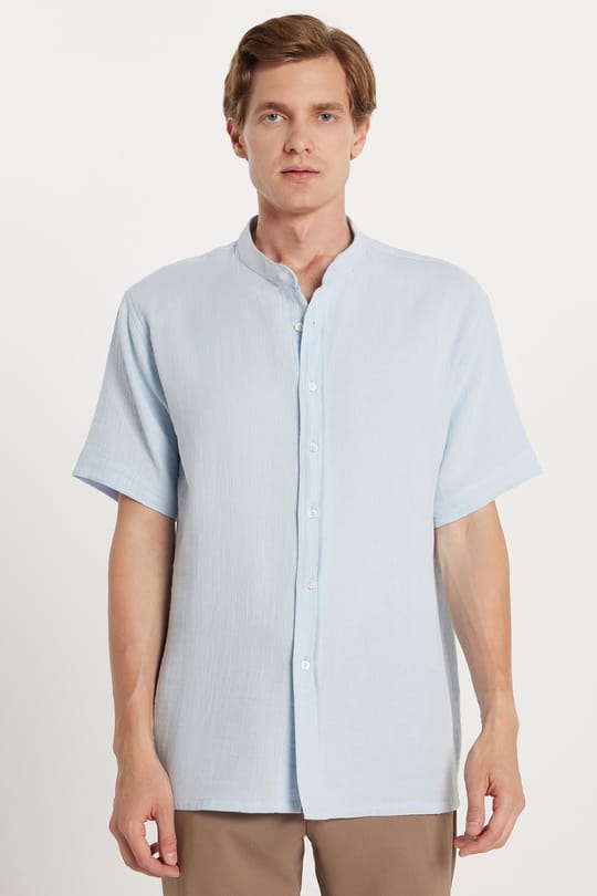 Erkek Relax Fit Rahat Kesim Oversize %100 Pamuk Müslin Kumaş Kısa Kollu Spor Hakim Yaka Mavi Gömlek