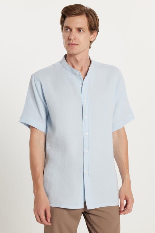 Erkek Relax Fit Rahat Kesim Oversize %100 Pamuk Müslin Kumaş Kısa Kollu Spor Hakim Yaka Mavi Gömlek