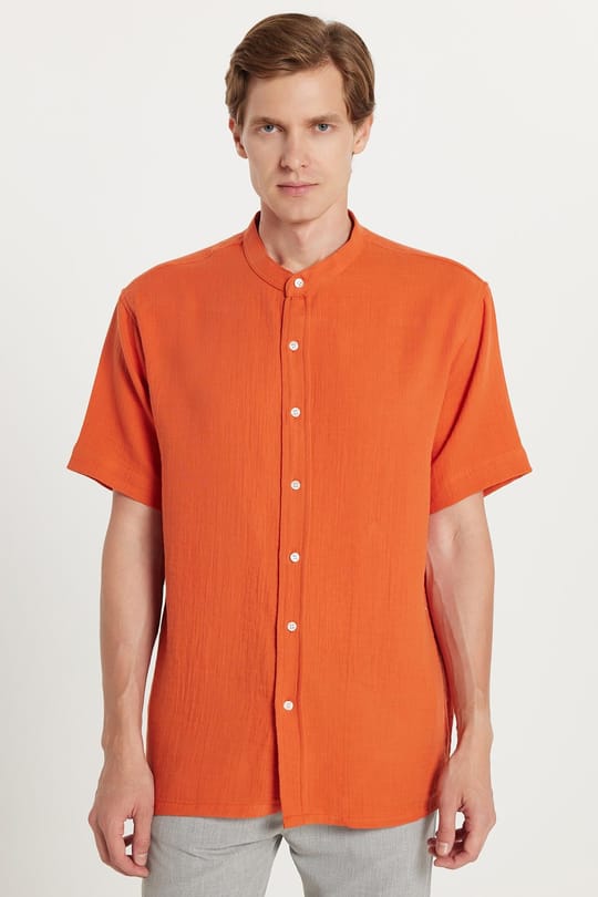 Erkek Relax Fit Rahat Kesim Oversize %100 Pamuk Müslin Kumaş Kısa Kollu Spor Hakim Yaka Taba Gömlek