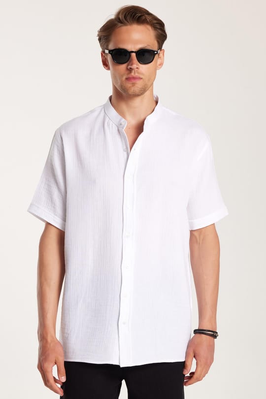 Erkek Relax Fit Rahat Kesim Oversize %100 Pamuk Müslin Kumaş Kısa Kollu Spor Hakim Yaka Beyaz Gömlek
