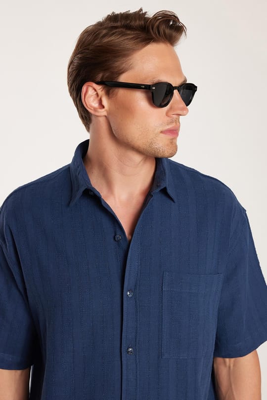 Erkek Relax Fit Rahat Kesim Oversize Premium Seri Pamuklu Keten Kısa Kollu Cepli İndigo Gömlek
