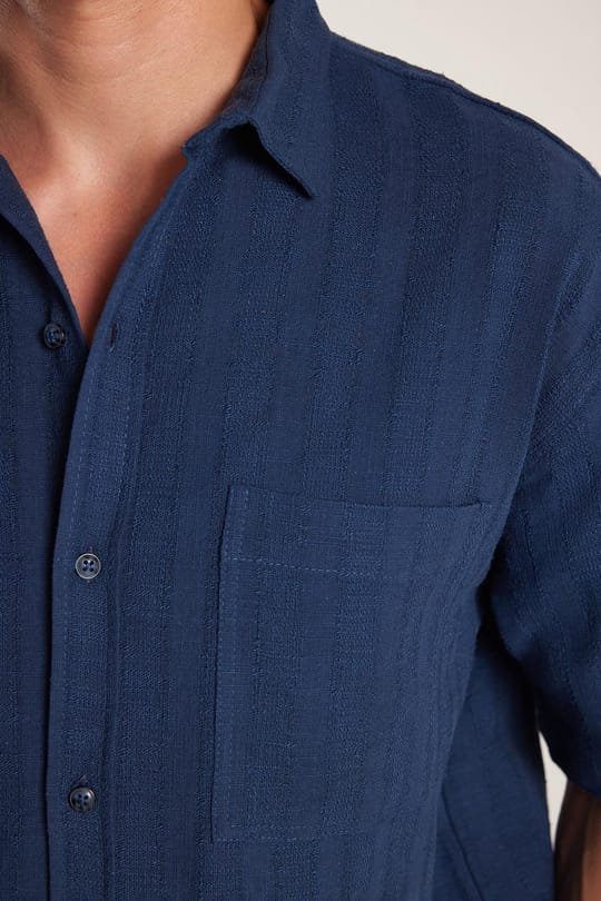 Erkek Relax Fit Rahat Kesim Oversize Premium Seri Pamuklu Keten Kısa Kollu Cepli İndigo Gömlek