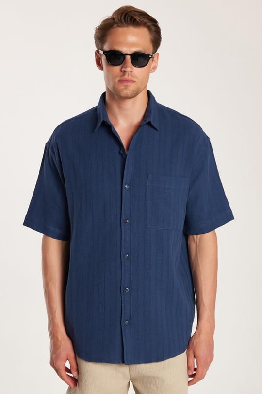 Erkek Relax Fit Rahat Kesim Oversize Premium Seri Pamuklu Keten Kısa Kollu Cepli İndigo Gömlek