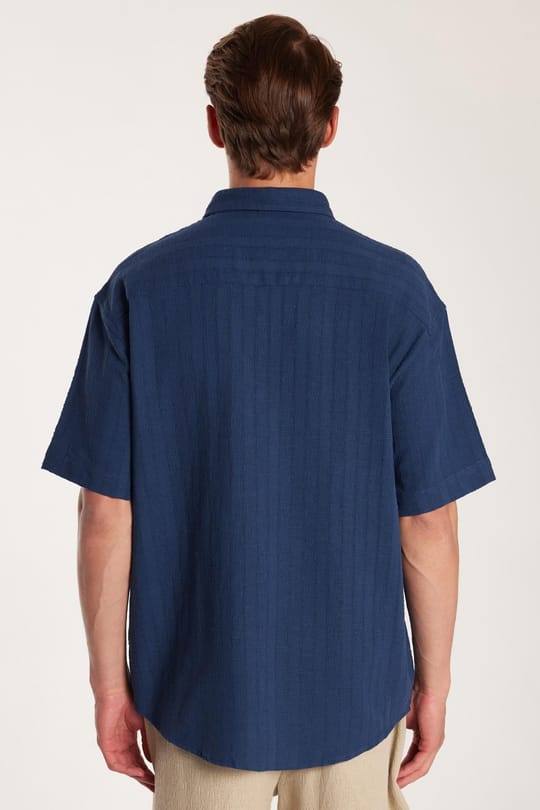 Erkek Relax Fit Rahat Kesim Oversize Premium Seri Pamuklu Keten Kısa Kollu Cepli İndigo Gömlek