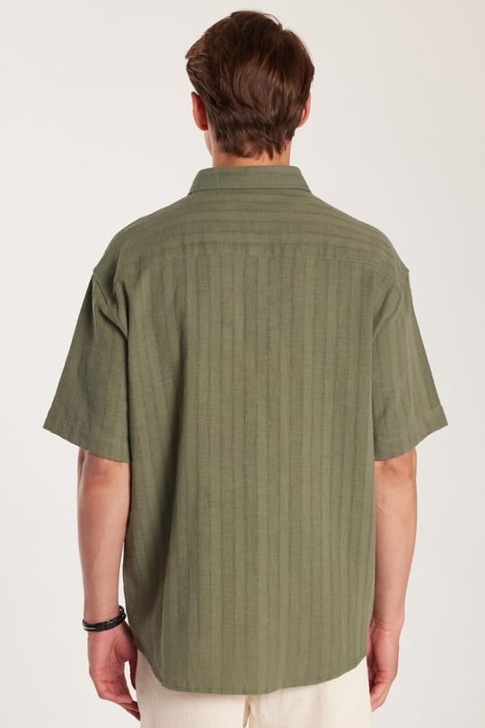 Erkek Relax Fit Rahat Kesim Oversize Premium Seri Pamuklu Keten Kısa Kollu Cepli Haki Gömlek