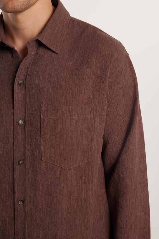 Erkek Relax Fit Rahat Kesim Oversize Pamuklu Keten Doku Tek Cepli Kahverengi Gömlek