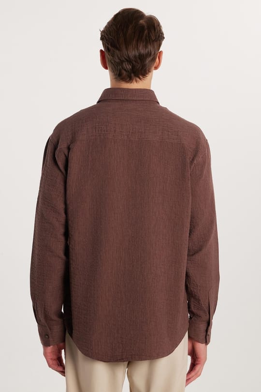 Erkek Relax Fit Rahat Kesim Oversize Pamuklu Keten Doku Tek Cepli Kahverengi Gömlek