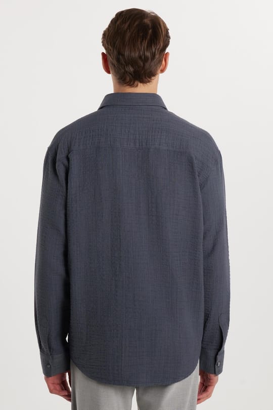 Erkek Relax Fit Rahat Kesim Oversize Pamuklu Keten Doku Tek Cepli Gri Gömlek