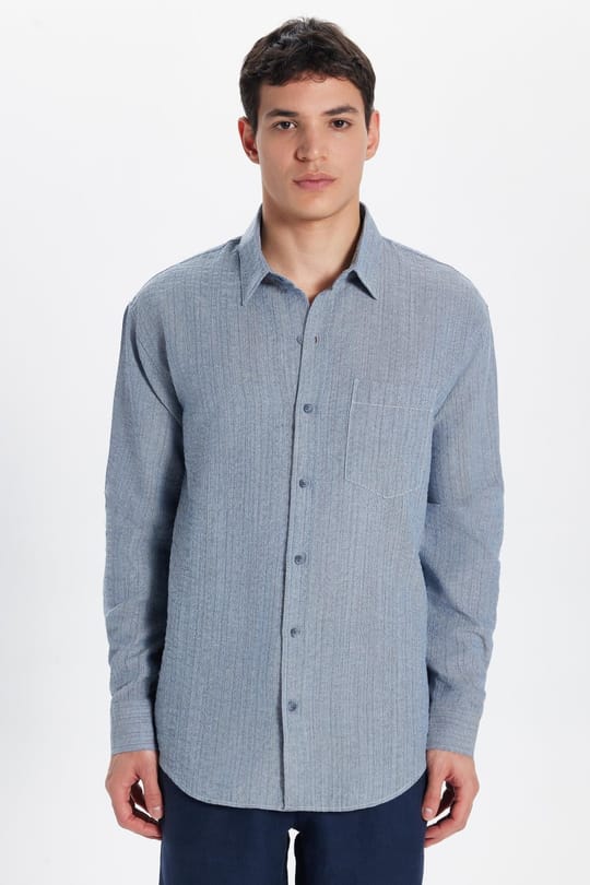 Erkek Relax Fit Rahat Kesim Oversize Pamuklu Keten Doku Tek Cepli Mavi Gömlek