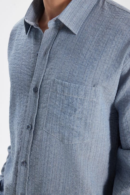 Erkek Relax Fit Rahat Kesim Oversize Pamuklu Keten Doku Tek Cepli Mavi Gömlek