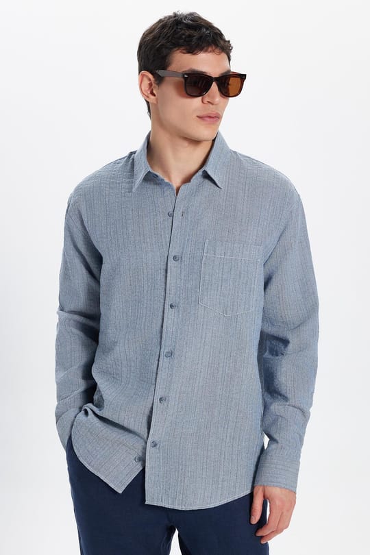 Erkek Relax Fit Rahat Kesim Oversize Pamuklu Keten Doku Tek Cepli Mavi Gömlek