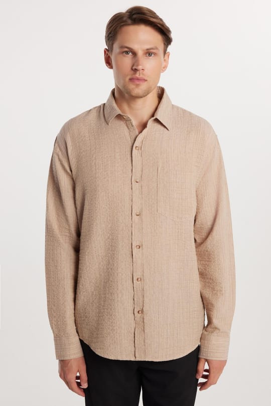 Erkek Relax Fit Rahat Kesim Oversize Pamuklu Keten Doku Tek Cepli Bej Gömlek