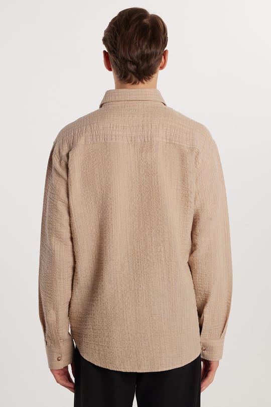Erkek Relax Fit Rahat Kesim Oversize Pamuklu Keten Doku Tek Cepli Bej Gömlek