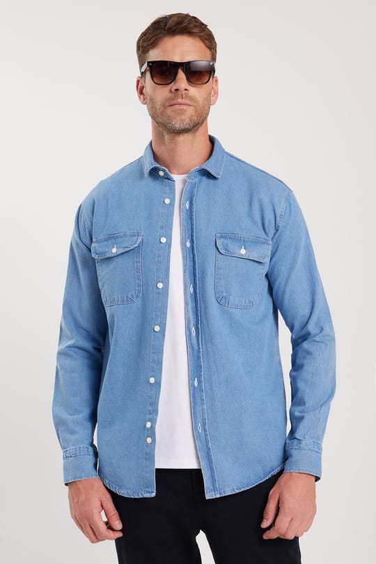 Erkek Relax Fit Rahat Kesim Spor Yaka Çift Cep Kapaklı Denim Açık Mavi Gömlek