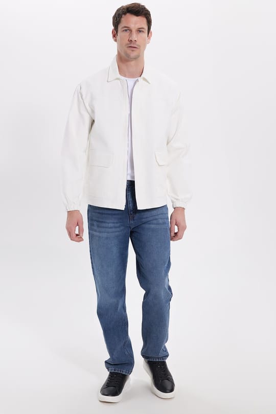 Erkek Relax Fit Rahat Kesim Çift Cep Denim Beyaz Kot Mont Gömlek