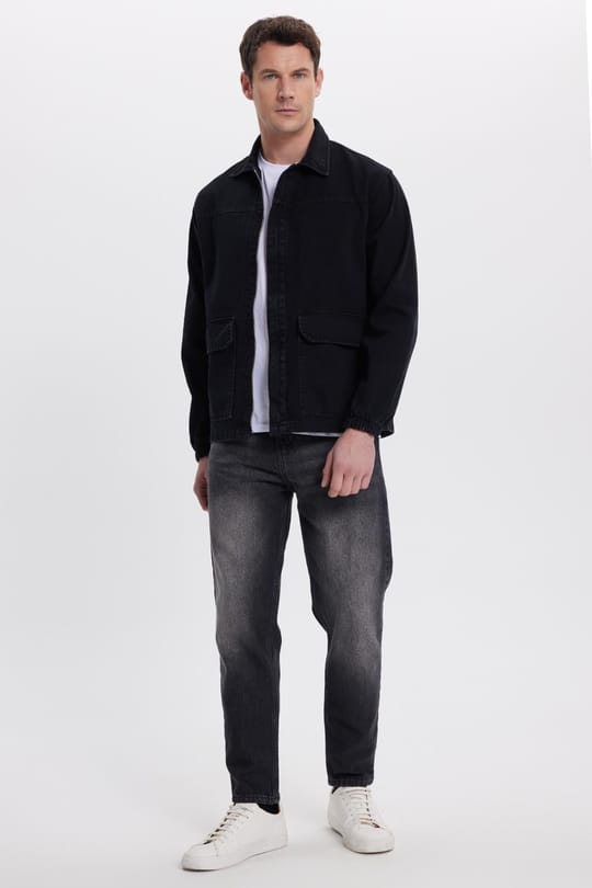 Erkek Relax Fit Rahat Kesim Çift Cep Denim Siyah Kot Mont Gömlek